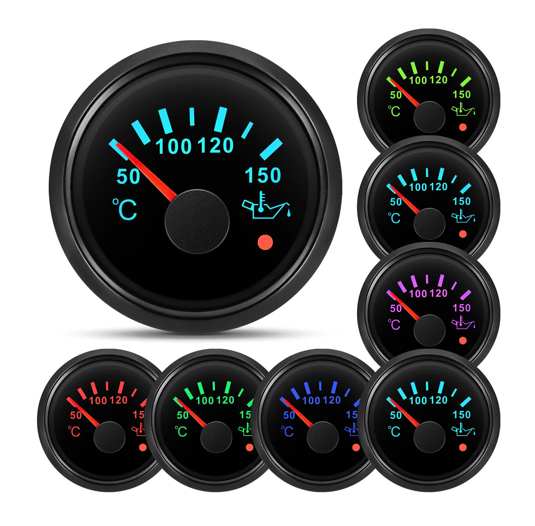 H91cb5e8bd51d4123aedf617776b31403J.webp 2 52MM Boat Car Oil Temp Gauge 50-150 Temperature Meter 7Colors LED With Alarm - Image 1
