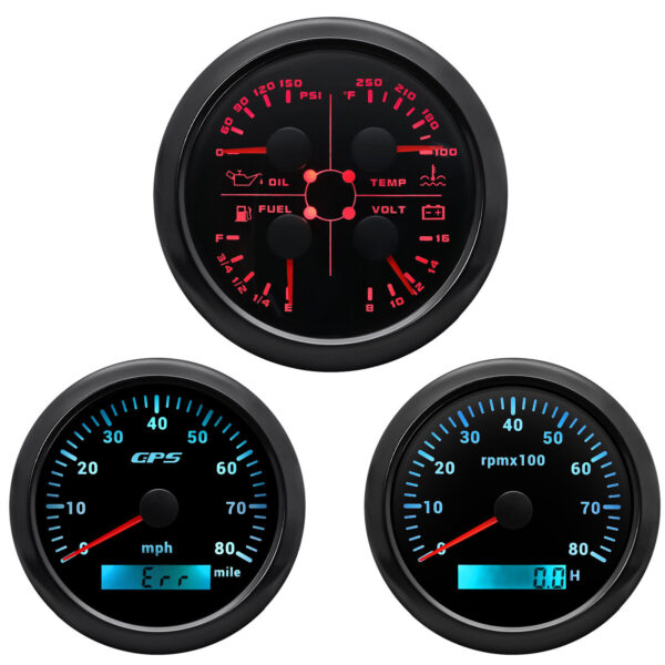 3 Gauge Set 85mm Boat GPS Speedometer 80MPH with Tachometer Fuel Oil Press Volt