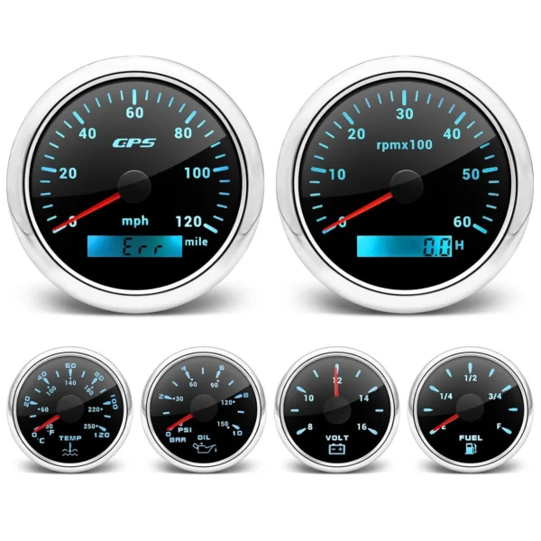 6 Gauge Set GPS Speedometer Tachometer 7 Color Backlight Fuel Level Water Temperature Oil Pressure Voltage Marine
