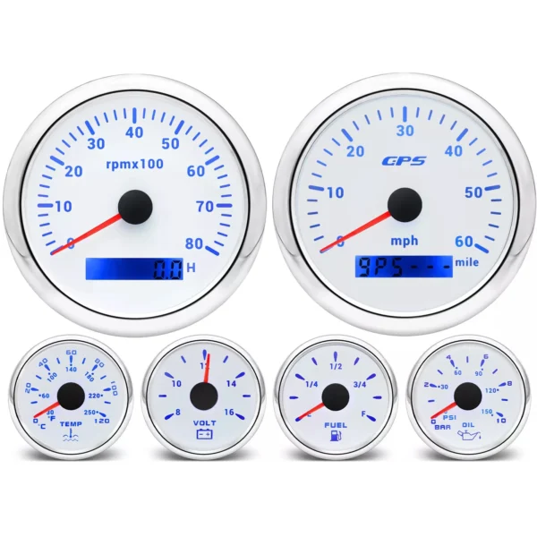6 Gauge Set 85mm White Boat GPS Speedometer 0-60MPH Tachometer 8000rpm Gauge Waterproof Fuel Temp Oil Volt
