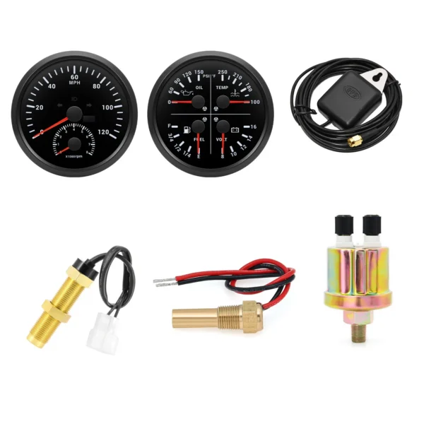 110mm 2 Gauge Set GPS Speedometer Tachometer 0-120MPH & 4in 1 Gauge with Senders