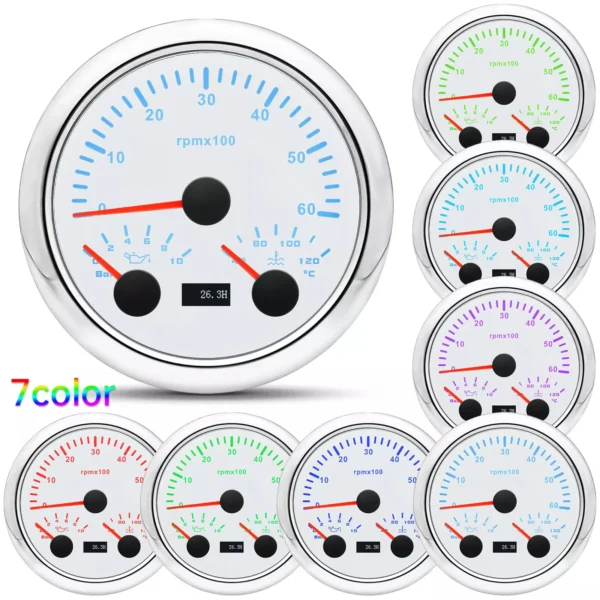 85mm White Tachometer 6000RPM With Oil Pressure 10Bar Water Temp Gauge for Boat