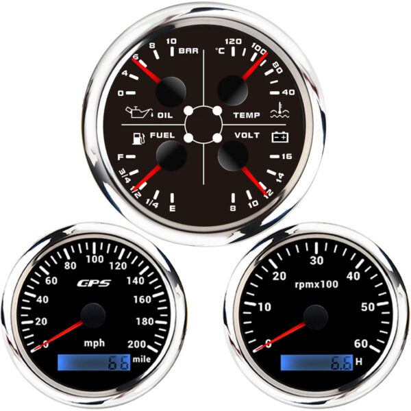 3 Gauge Set 85mm GPS Speedometer 0-200MPH Tachometer&85mm 4 in 1 Gauge for Boat