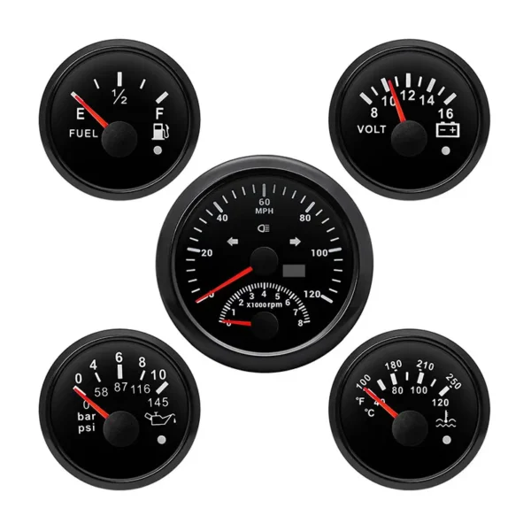 52mm Black Faceplate Black MPH Fuel Oil Pressure Volt Water Temperature Gauge 85mm RPM Gauge Speedometer