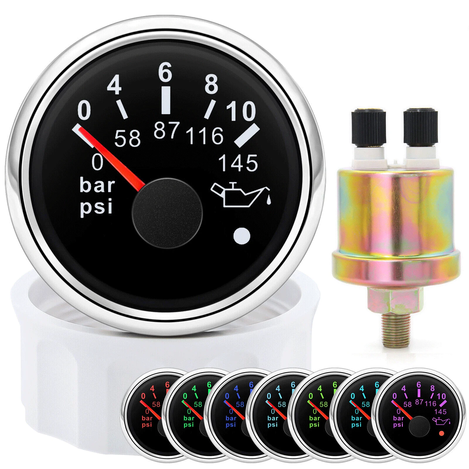 Hab0b90b269f64bf6bf34e5f065e10816G.webp 52MM Oil Pressure Gauge With 1/8NPT Sensor 7 Colors LED for Boat Car Truck ATV - Image 1