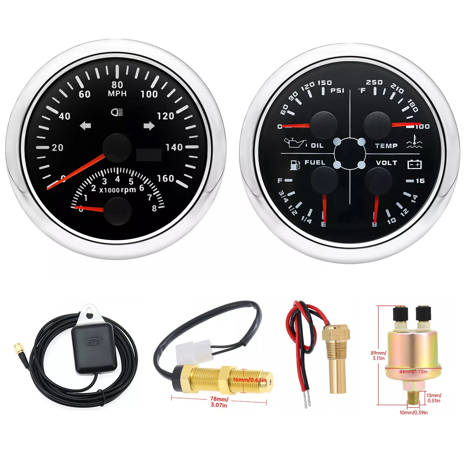 Hab3e4b423906490bb5973425b9626fe0Z.webp 2 Gauge Set 85mm GPS Speedometer 0-160 MPH Tacho Fuel Temp Oil Volt With Sensor - Image 1