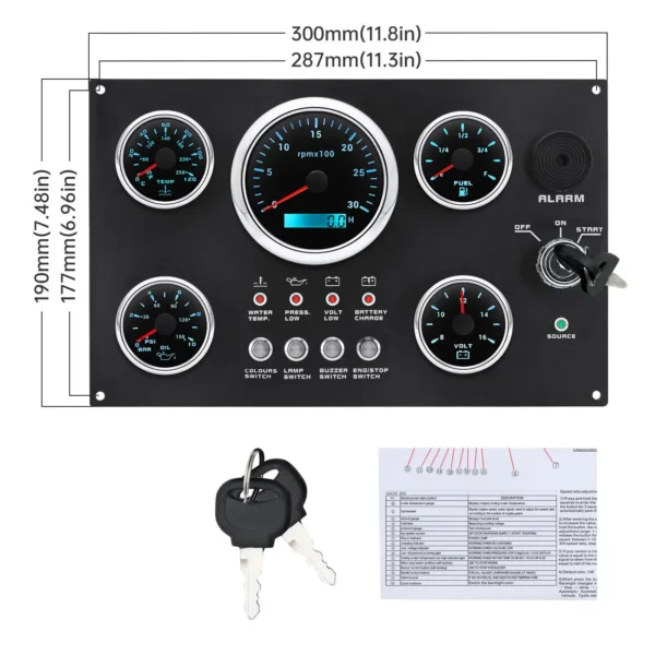5 Gauge Set with Instrument Panel Tachometer 0-3000RPM for Marine Boat Yacht 12V