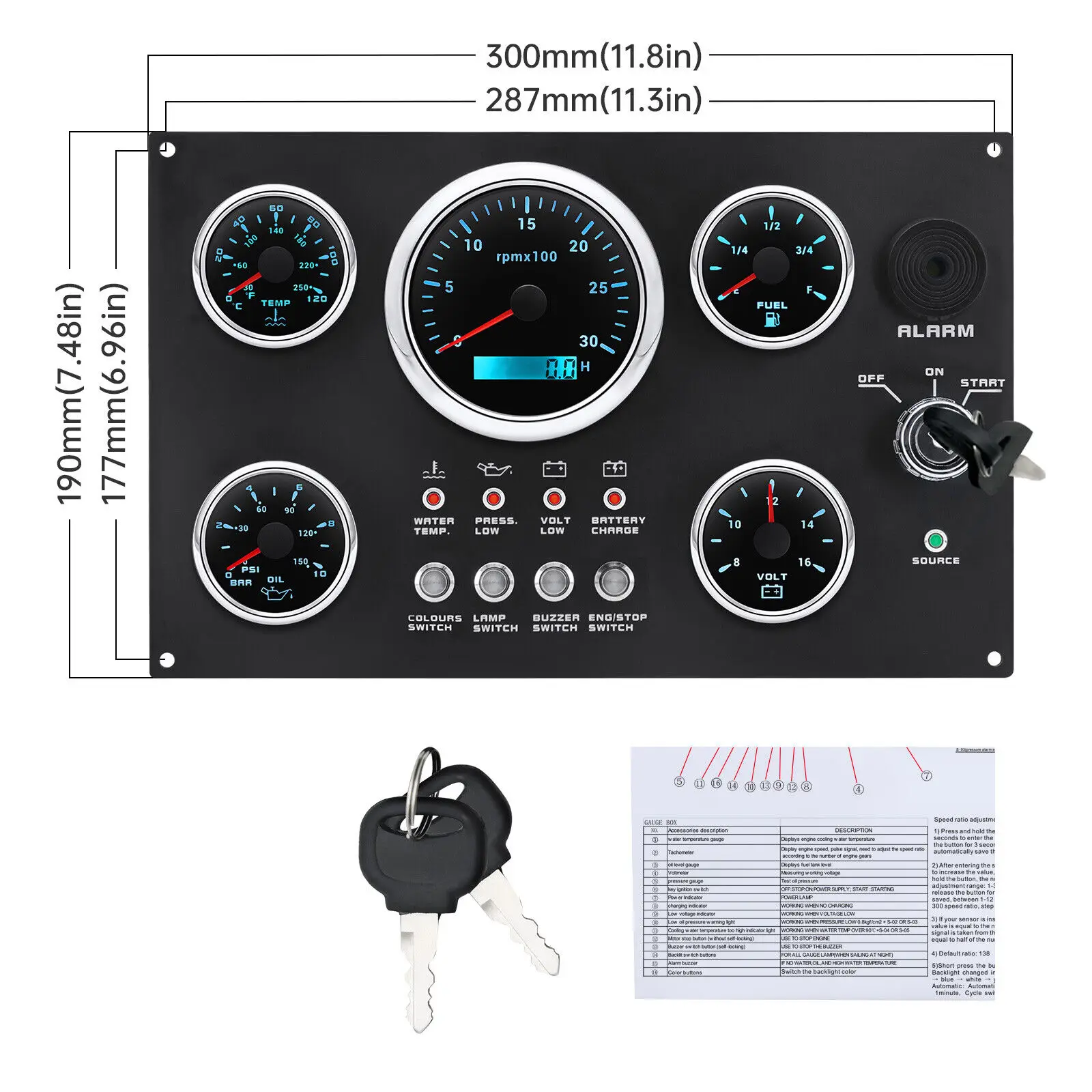 Hb0d219984bed4cbf942681d22afce3210.webp 5 Gauge Set with Instrument Panel Tachometer 0-3000RPM for Marine Boat Yacht 12V - Image 1