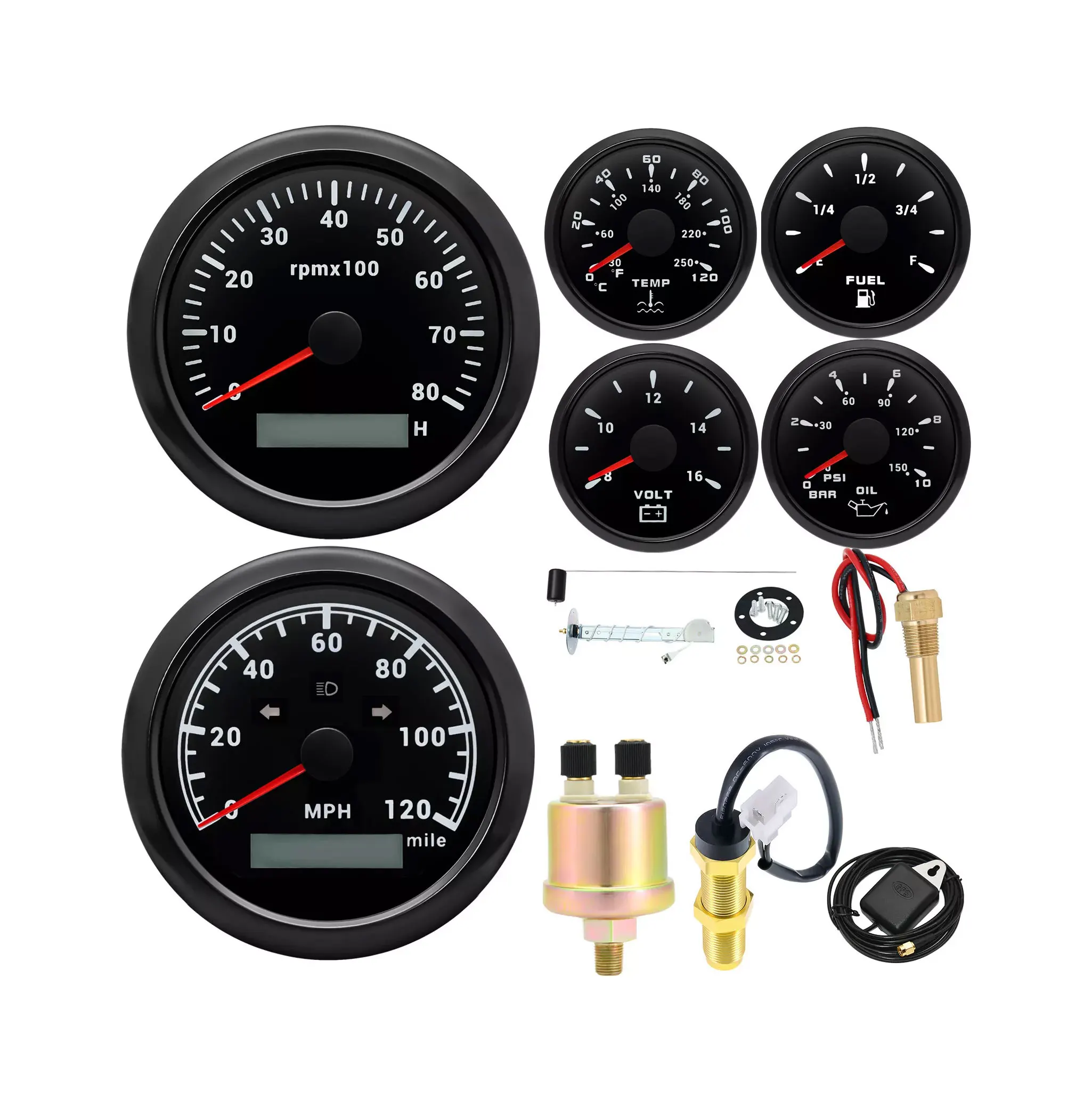Hb4c3b3703a524b0081a213855934ab87L.webp 85MM GPS Speedometer 120MPH&Tacho 8000RPM&52mm Fuel/Oil/Temp/Volt with Sensor - Image 1