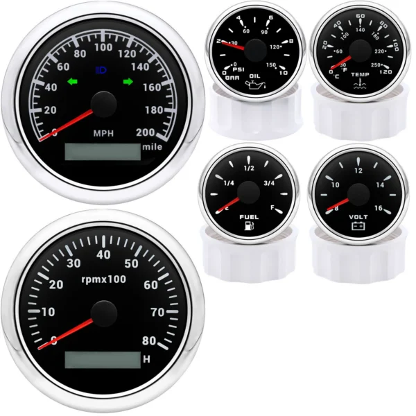 6 Gauge Set 85mm GPS Speedometer 200MPH Tachometer Gauge for Motorcycles Boat