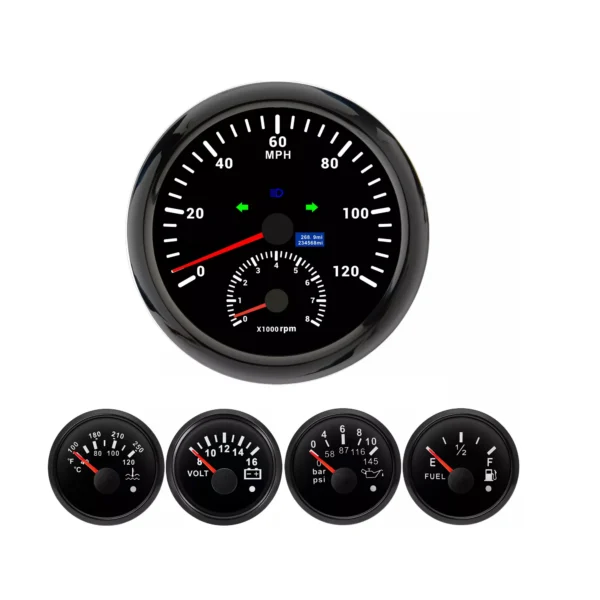 110mm Boat GPS Speedometer 120MPH Tachometer 8000RPM Black & 52mm Fuel Level Oil Pressure Water Temp Volt Gauge