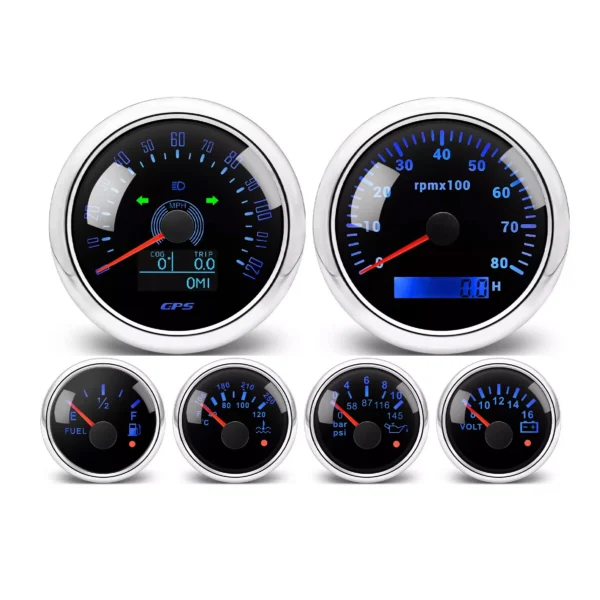 6 Gauge Set 85mm GPS Speedo 120MPH Tacho 52MM Fuel/Oil/Temp/Volt With Sensor