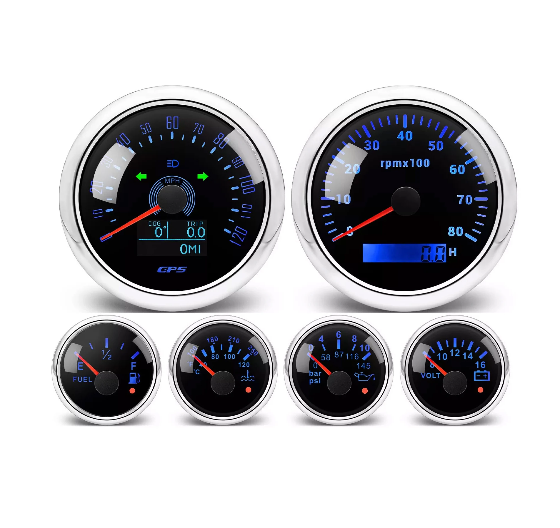 Hbd8cdc6b73ce4055998ba8449f565c14y.webp 6 Gauge Set 85mm GPS Speedo 120MPH Tacho 52MM Fuel/Oil/Temp/Volt With Sensor - Image 1