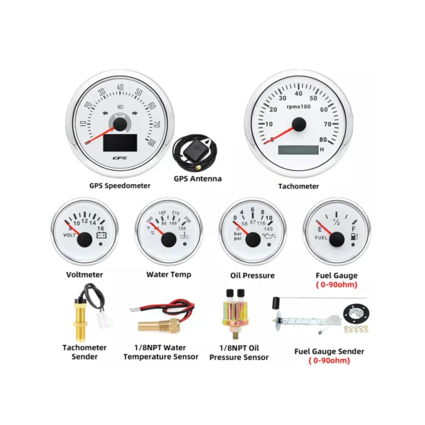 6 Gauge Set With Sensor 85mm White GPS Speedometer 80mph&tachometer 8000rpm Voltage Volt Water Temp Oil Pressure Fuel Level
