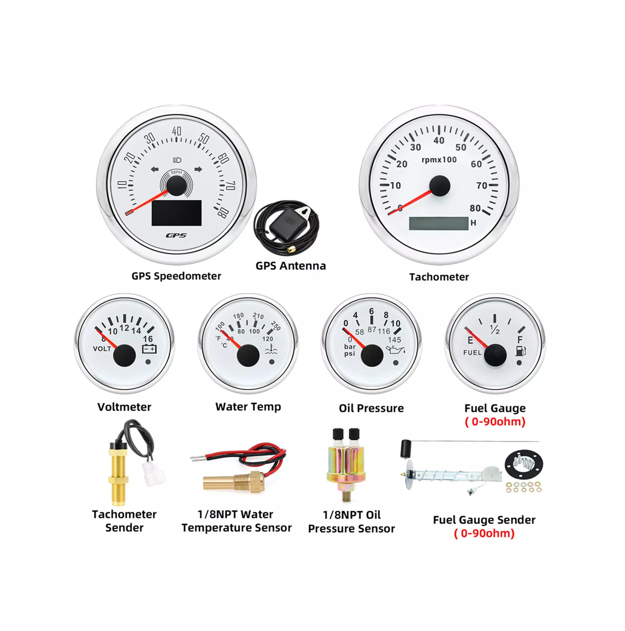 Hc14e941610eb4e498d8d3f669ec9c5d2y.webp 6 Gauge Set With Sensor 85mm White GPS Speedometer 80mph&tachometer 8000rpm Voltage Volt Water Temp Oil Pressure Fuel Level - Image 1