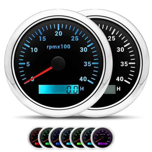Tachometer 85mm 3-3/8 Boat Tachometer Gauge 7 Color LED RPM Tacometer Meter Automotive Replacement Tachometers 0-4000 RPM Black
