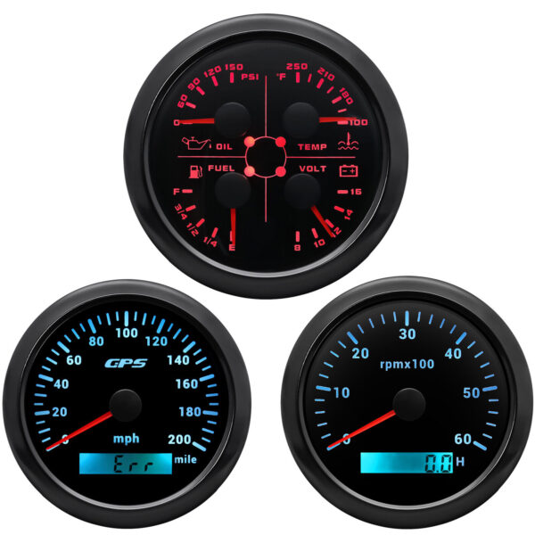 3 Gauge Set 85MM GPS Speedometer 0-200MPH Tachometer Fuel Oil Pressure Voltage
