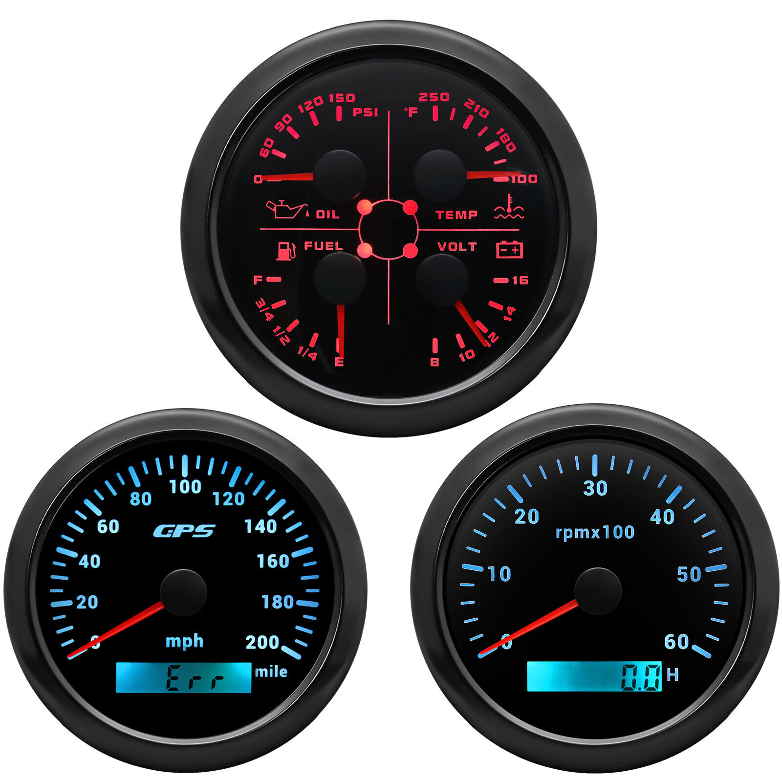 Hd89bca57ab44452eb3e696b88b6faca3r.jpg 3 Gauge Set 85MM GPS Speedometer 0-200MPH Tachometer Fuel Oil Pressure Voltage - Image 1