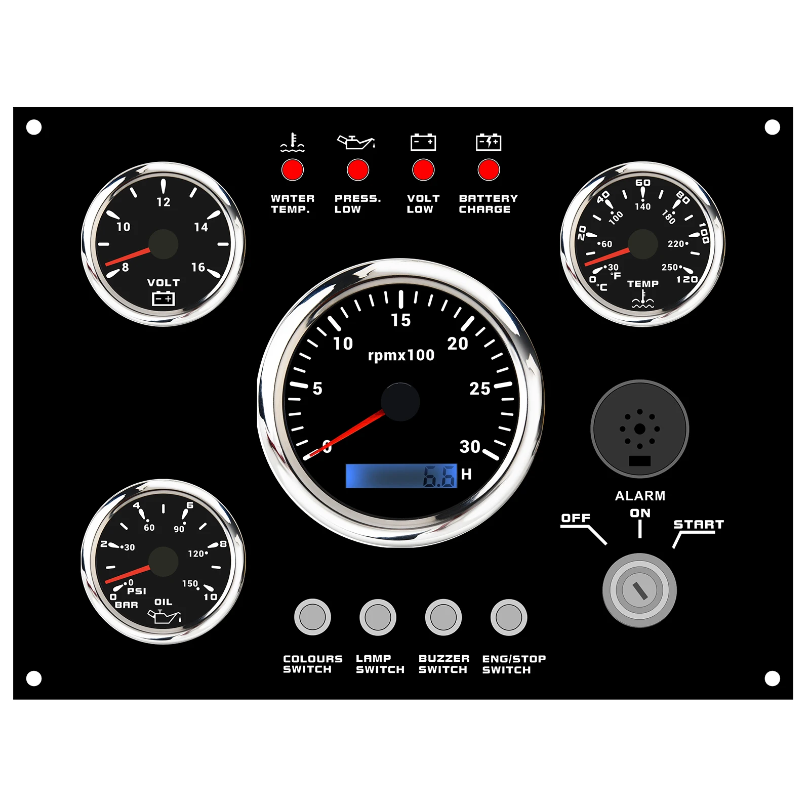 He17d2f53ffd94da8b1d524853e7244c1I.webp 4 Gauge Set with Instrument Gauge Panel 0-3000RPM Tachometer Voltmeter Oil Pressure Water Temp for Marine Boat Yacht - Image 1