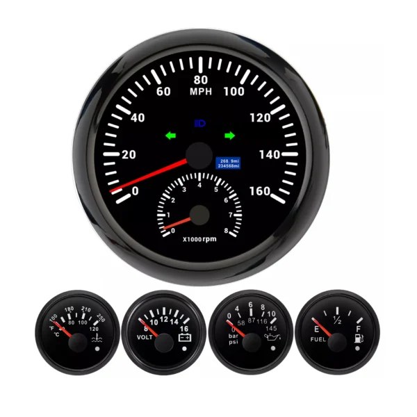 110mm Boat Black GPS Speedometer 160MPH Tachometer 8000RPM 52mm Fuel Level Oil Pressure Water Temp Volt Gauge