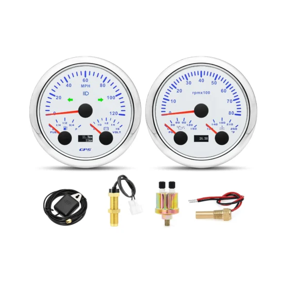 GPS Speedometer Fuel Gauge Voltmeter Tachometer Oil Pressure Gauge Water Temperature 85mm Boat Gauge Set for Marine Car White