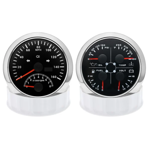 2 Gauge Set 85mm GPS Speedometer 0-160MPH & 85mm Fuel Water Temp Oil Press Volt