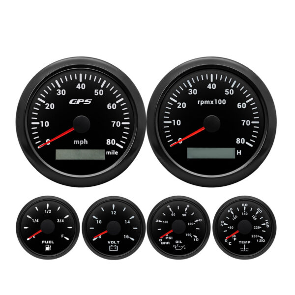 6 Gauge Set 85mm GPS Speedometer 80MPH Tacho 52mm Fuel Temp Oil Pressure Volt