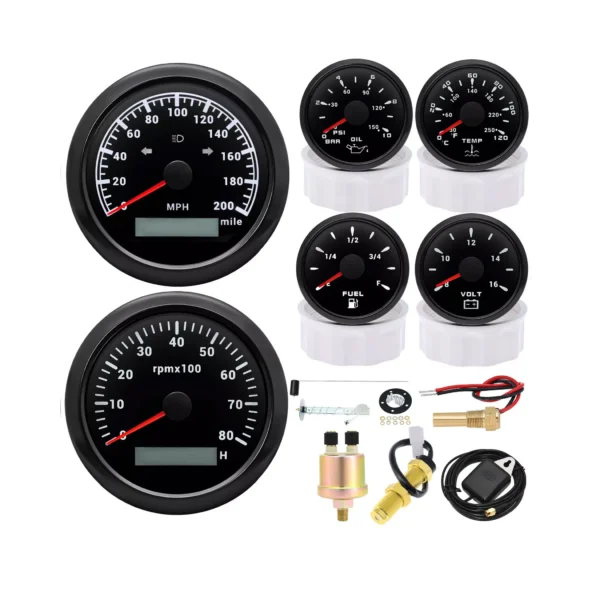 6 Gauge Set 85mm GPS Speedometer 200MPH Tacho&52mm Fuel/Oil/Temp/Volt W/Sensor