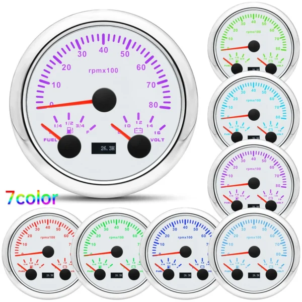85mm 3IN1 Gauge 0-8000RPM Tachometer Fuel Level Meter Voltage 7 Color Backlight