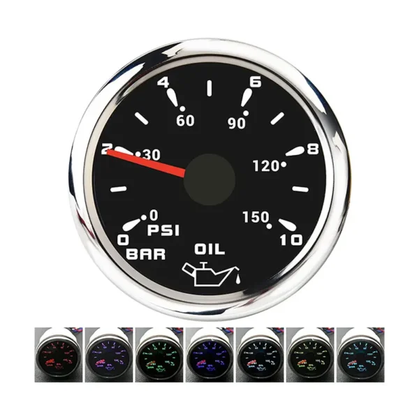 Best Selling Products 52mm 7 Color Auto Oil Pressure Gauge Black Faceplate Stainless Steel
