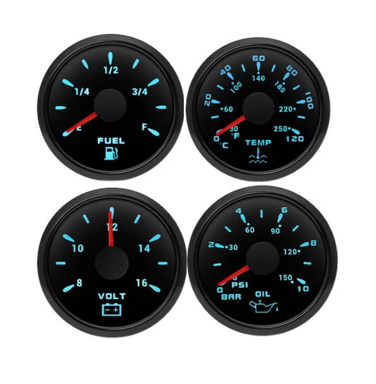 4 Gauge Set 52mm Black Fuel Level Water Temp Oil Pressure Voltmeter for Car Boat