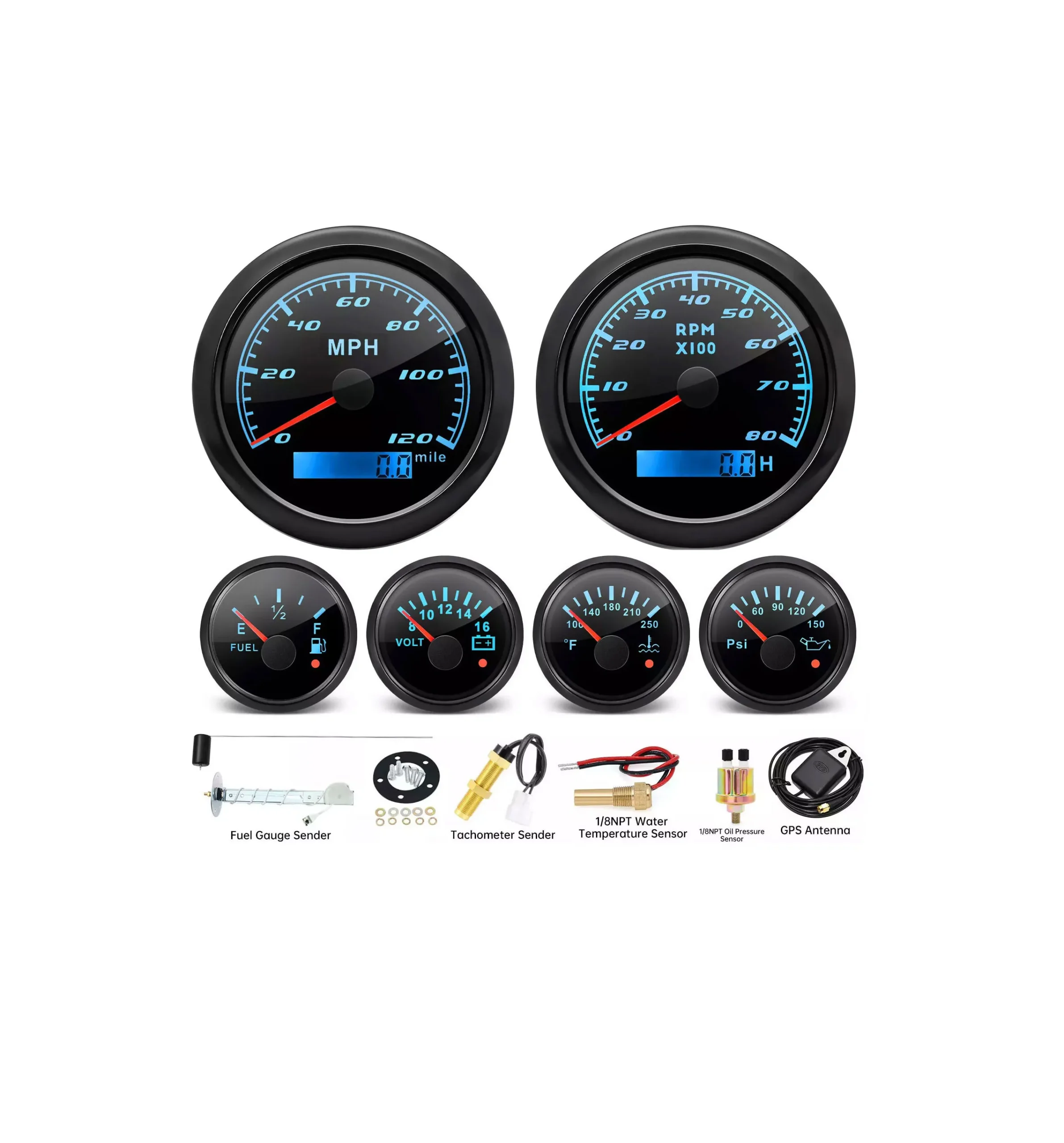 Hfaf9aa270bb4425a9e6a39e21963a89aS.webp 6 Gauge Set GPS Speedometer 120MPH Tachometer Fuel Level Water Temp Volt Meter Oil Pressure with Sender Sensor - Image 1
